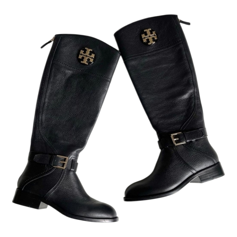 Tory Burch Claire Riding Boots Black Tumbled Leather Gold Hardware - Picture 2 of 11